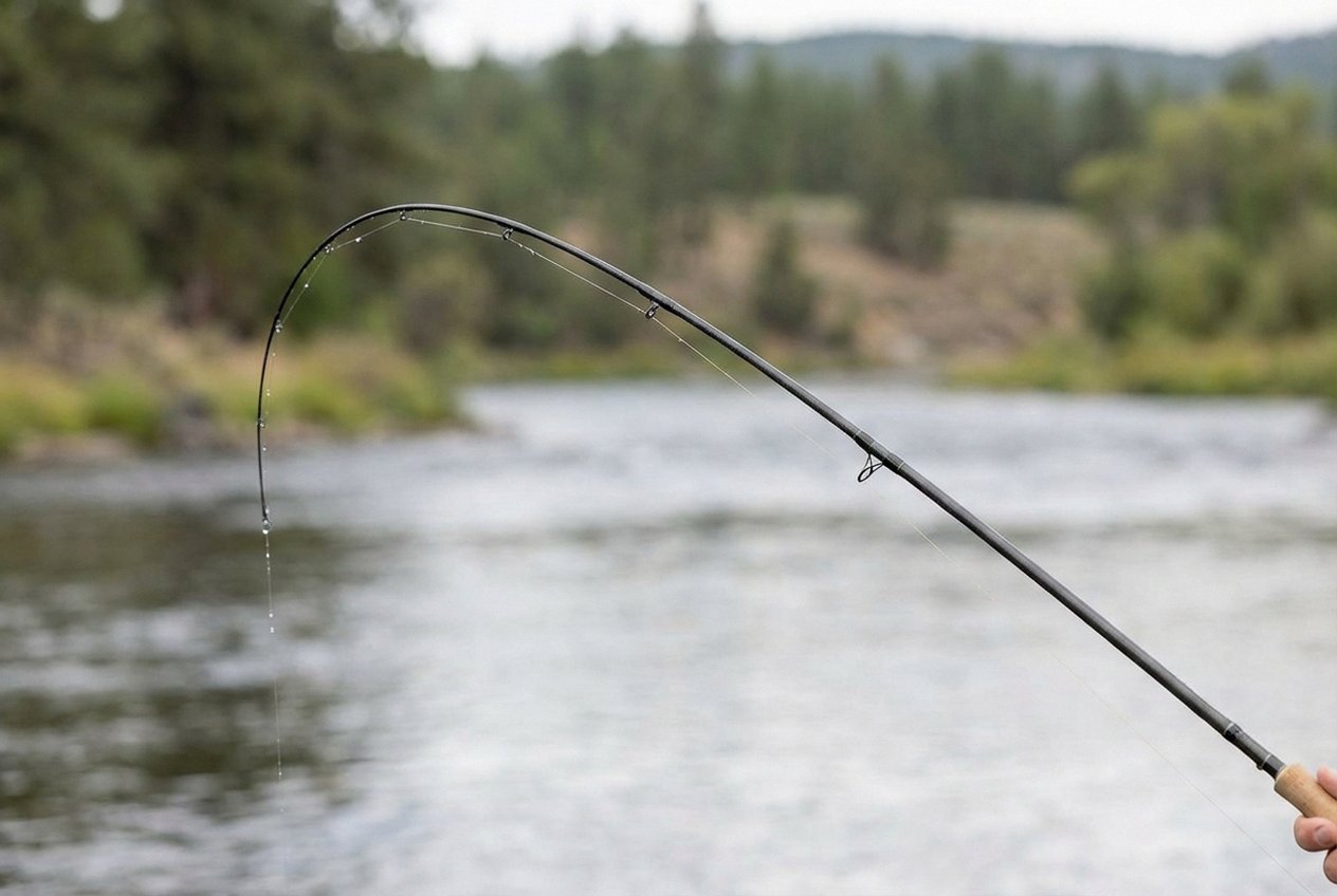 Nahaufnahme einer schnellen Spitzenaktion an einer Barschrute – nur das obere Drittel biegt sich