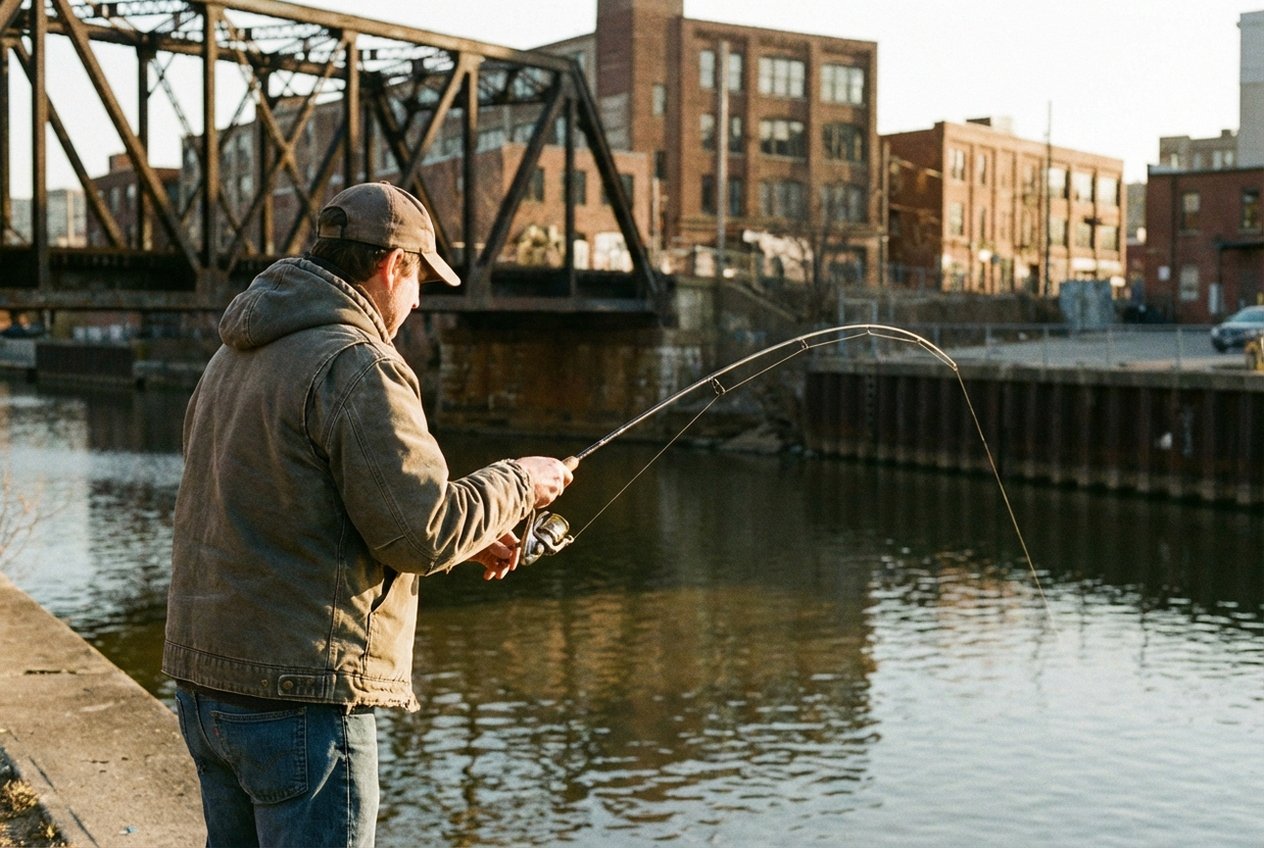 Streetfishing auf Barsch an urbanem Kanal in der Stadt
