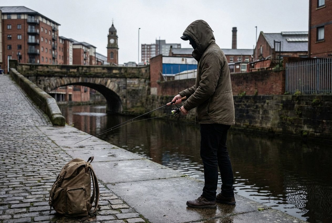 Streetfishing mit der Barschrute am Stadtkanal – Angler mit kurzer UL-Rute beim Wurf