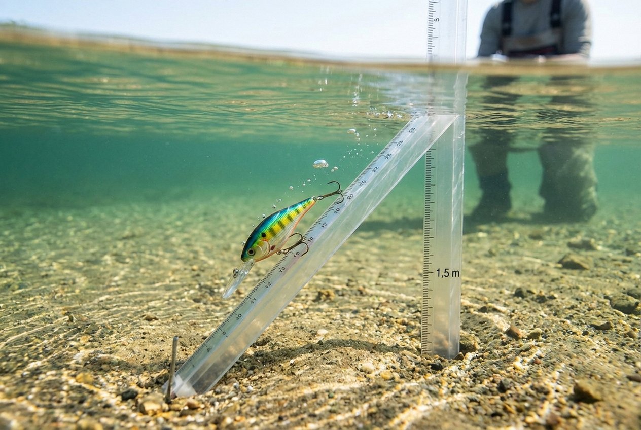 Wobbler-Tauchtiefe wird mit Fluorocarbon-Marker am Gewässer gemessen