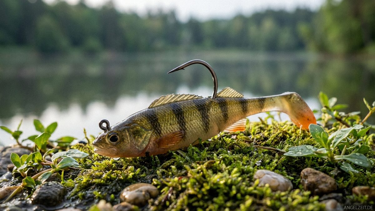 Offset-Haken mit weedless aufgezogenem Softbait in Nahaufnahme