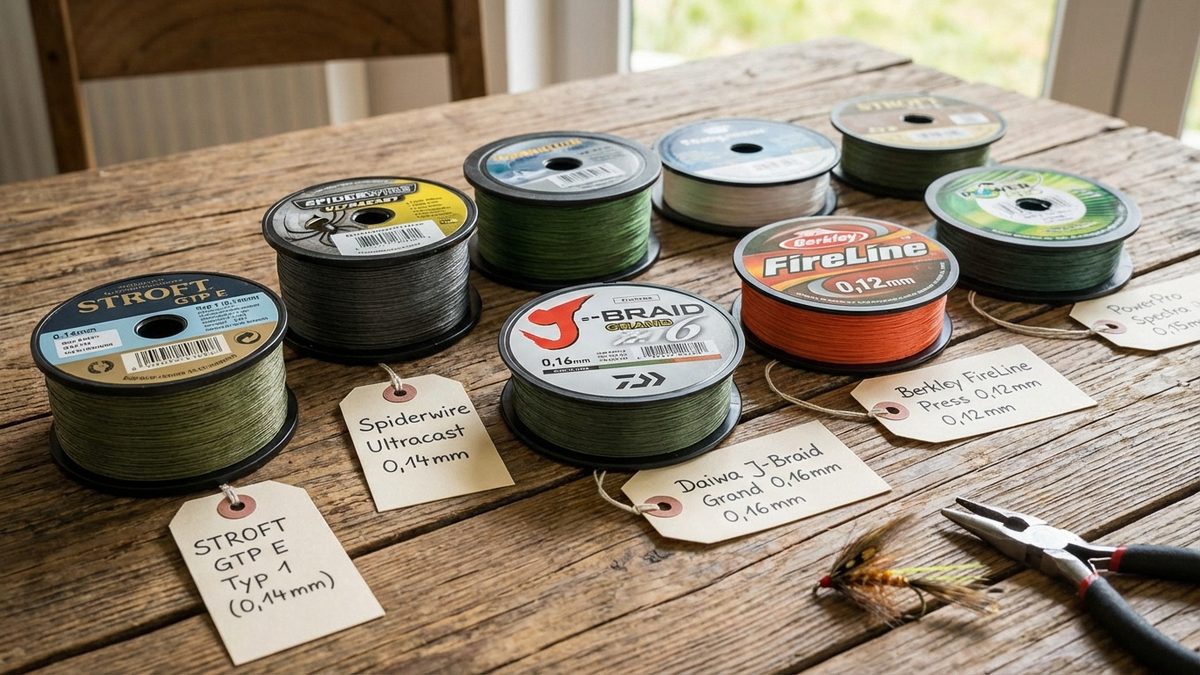 Vergleichsfoto aller getesteten geflochtenen Schnüre nebeneinander auf Holztisch mit Beschriftung