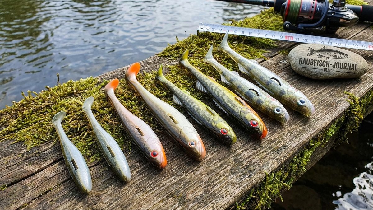 Alle 8 getesteten Gummifische nebeneinander – Größenvergleich von Keitech Easy Shiner bis Zanderfang Glasaugen