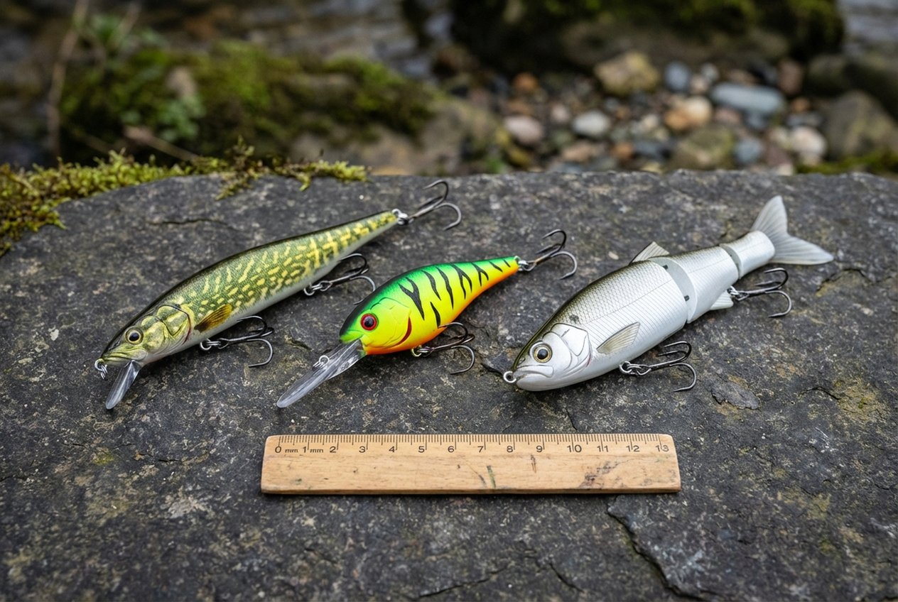 Vergleich verschiedener Wobbler-Typen für Hecht — Jerkbait, Crankbait und Minnow nebeneinander mit Beschriftung der Tauchschaufel und Größenangaben