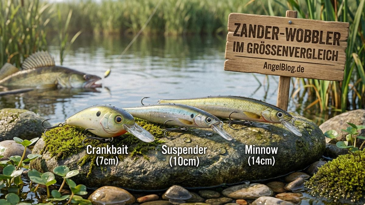 Verschiedene Wobbler-Typen für Zander im Größenvergleich: Crankbait, Suspender und Minnow