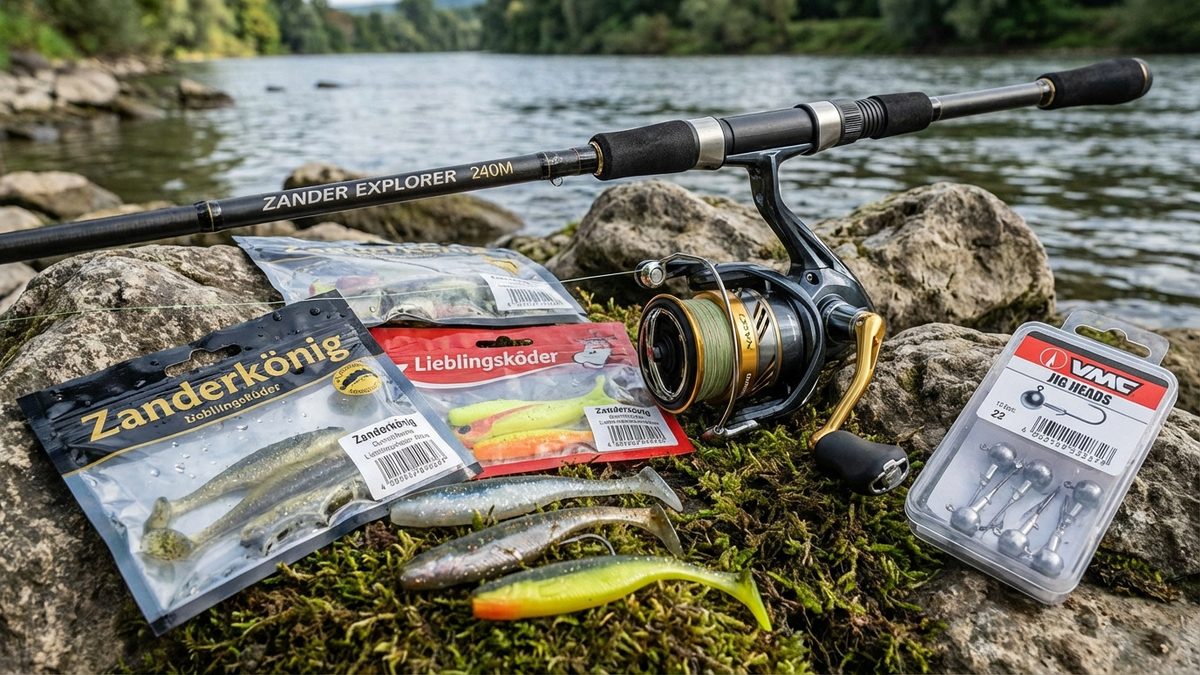 Typisches Zander-Setup fuer Einsteiger: Spinnrute, Stationaerrolle, Gummifische und Jigkoepfe