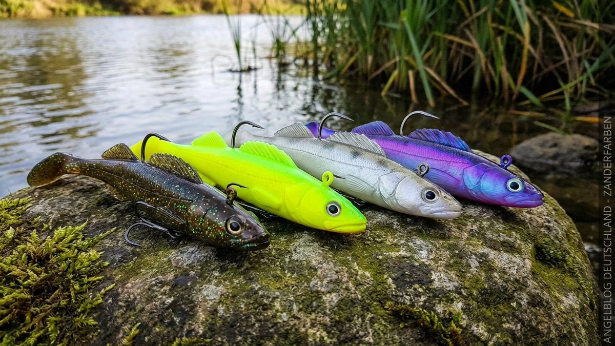 Gummifisch-Farbpalette fuer Zander: Motoroil, Chartreuse, Weissfisch und UV-Farben nebeneinander